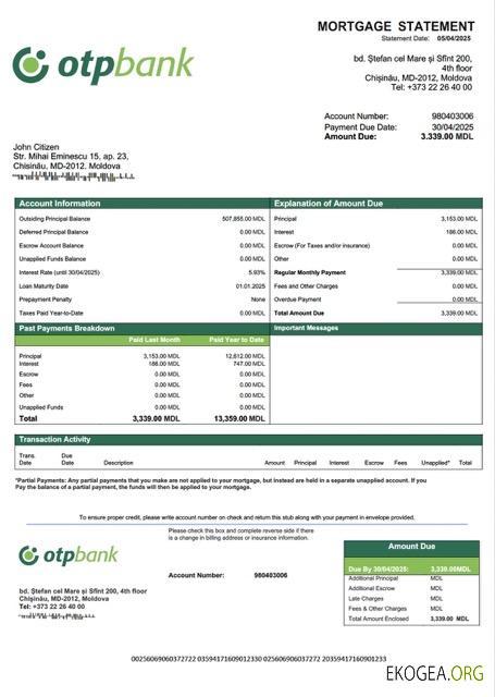 Modèle Word et PDF de relevé hypothécaire de la banque OTP de Moldavie